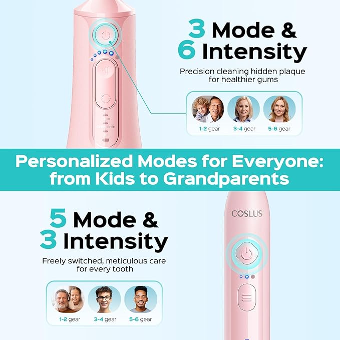 COSLUS Electric Toothbrush with Water Flosser Combo: Portable Oral Clean Kit for Teeth Brushing & Flossing, Multiple Modes for Multiple Users, Cordless for Home & Travel Use, Pink, C51C30