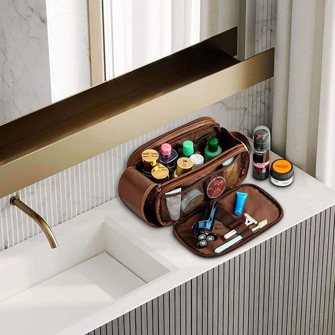 Elviros Toiletry Bag for Men, Large Travel Shaving Dopp Kit Water-resistant Bathroom Toiletries Organizer PU Leather Cosmetic Bags Fathers Day Gift (Medium, Dark Brown)