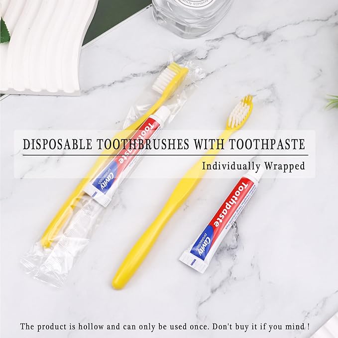 Disposable Toothbrushes with Toothpaste Pack of 20, Yellow Hollow Toothbrush with 10g Toothpaste Individually Wrapped Disposable Travel Toothbrushes Kit in Bulk for Homeless,Airbnb,Hotel,Charity
