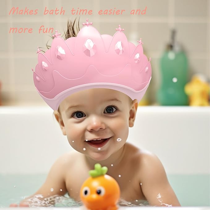 Baby Shower Cap Shield, Baby bath set shower cap, Visor Hat for Eye and Ear Protection for 0-9 Years Old Children,Cute Crown Shape Makes the Baby Bath More Fun (Pink)