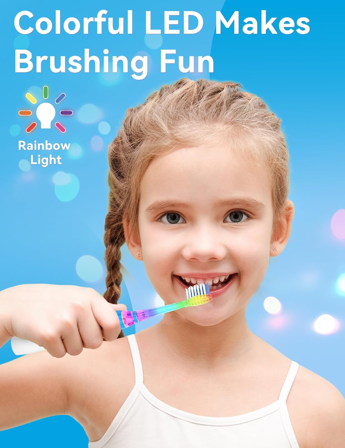 SEAGO Kids Electric Toothbrush with 2 Mins Brushing Timer and 4 Replacement Bursh Heads, Rainbow LED Light Make Brushing Fun, Boys Battery Powerd Toothbrush for 4-12 Years Old，SG-977 (Light Blue)