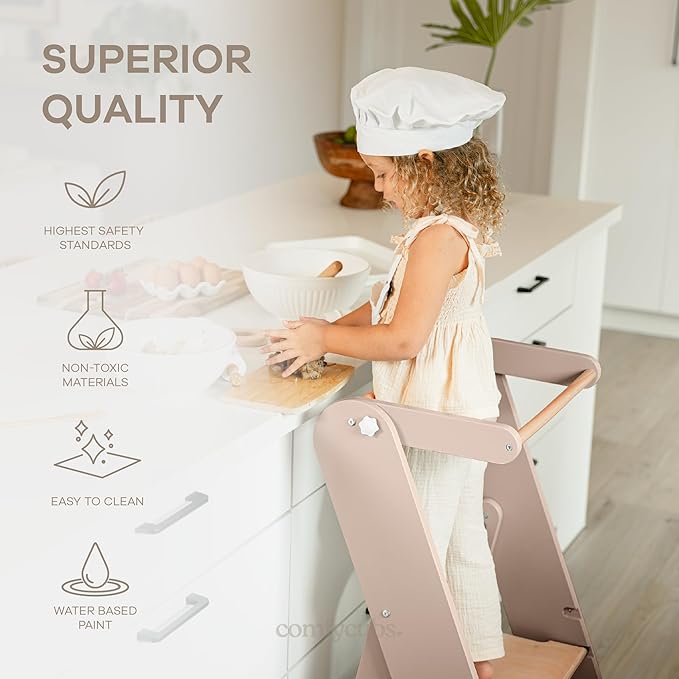 Comfy Cubs Kids Step Stool for Ages 3+, 3 Height Adjustable Toddler Tower, Montessori Furniture Designed in The US - Toddler Standing Tower for Kitchen Sink & Bathroom Access - Blush