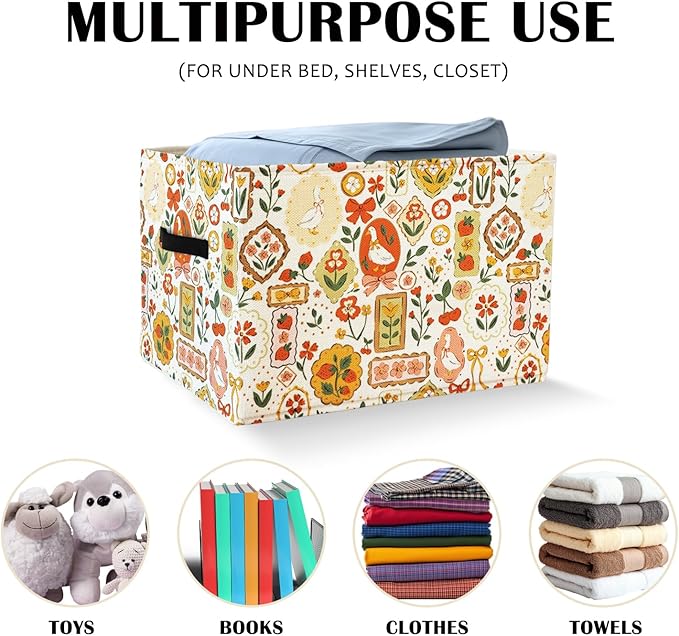 Funny Silly Goose Florals Cute Storage Basket Organizer Bins With Handles,Rectangle Cherries Foldable Nursery Decorative Baskets for Home shelves Bedroom Bathroom Clothes Toys Books Toybox