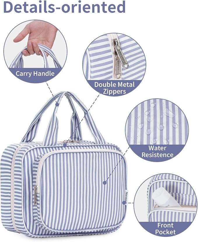 Narwey Striped Hanging Toiletry Bag for Women Travel Makeup Bag Organizer Toiletries Bag for Travel Size Essentials Accessories Cosmetics (Greyish Blue Stripe (Medium))