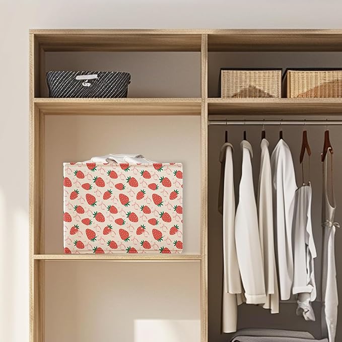 Pink Bow Strawberry Storage Basket Bins With Handles for Girls Kids, Preppy Pink Bow Aesthetic Foldable Organizer Basket Toybox for Girls Room Nursery Bedroom Bathroom Clothes Toys Books