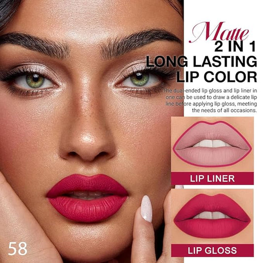 1Pcs 2 in 1 Ruby Red Matte Lip Liner and Liquid Lipstick Stain Makeup Set for women, Ruby Red Long Lasting Smudge Proof Lip Tint Matte Finish Lip Gloss for All-Day Color Hold Easy to Use 58#