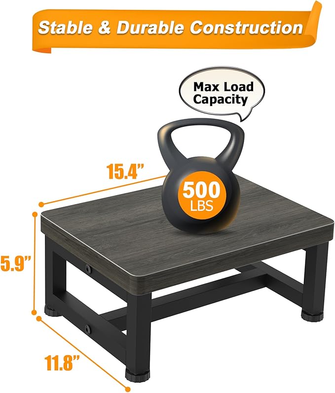 Step Stools for Adults Kids with Non-Slip Rubber Feet, Heavy Duty Wooden Stepping Stools with 500-LBS Capacity for Bedroom Kitchen Bathroom, Sturdy Bed Steps for High Beds, Easy to Assemble, Gray