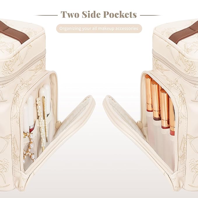 Large Makeup Bag, Portable Travel Makeup Bag Organizer for Women Girls with Makeup Brush Compartment & Two Side Pockets, Cosmetic Travel Bag Vertical Storage Toiletry - Beige