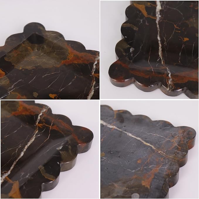 Square Marble Decorative Tray with Scalloped Edge, Luxury Natural Stone Bathroom Vanity Tray, Dresser Top Perfume Coffee Home Kitchen Sink Tray, Key Trinket Ring