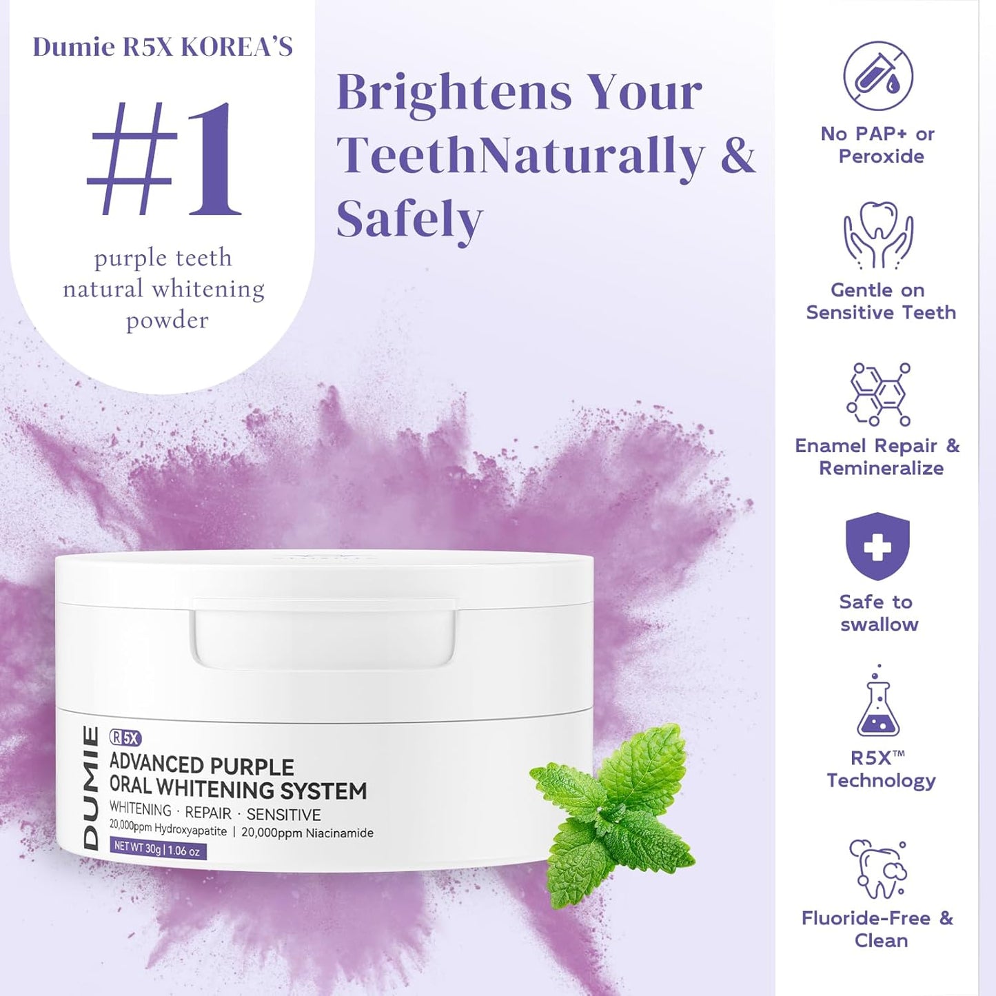Teeth Whitening Powder,Remineralizing Hydroxyapatite Tooth Powder with Niacinamide,R5X Purple Color Corrector for Instant Brightening, Enamel Repair & Long-Lasting Natural White-30g