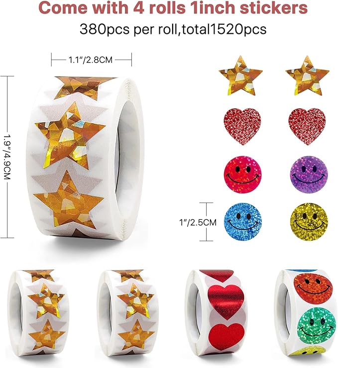Manual Sticker Dispenser for Rolls of Stickers with 1520Pcs 1Inch Gold Star,Red Heart,Smiley Face Stickers for Kids Reward,Behavior Chart,School Classroom Student Teacher Supplies Gifts(Red)