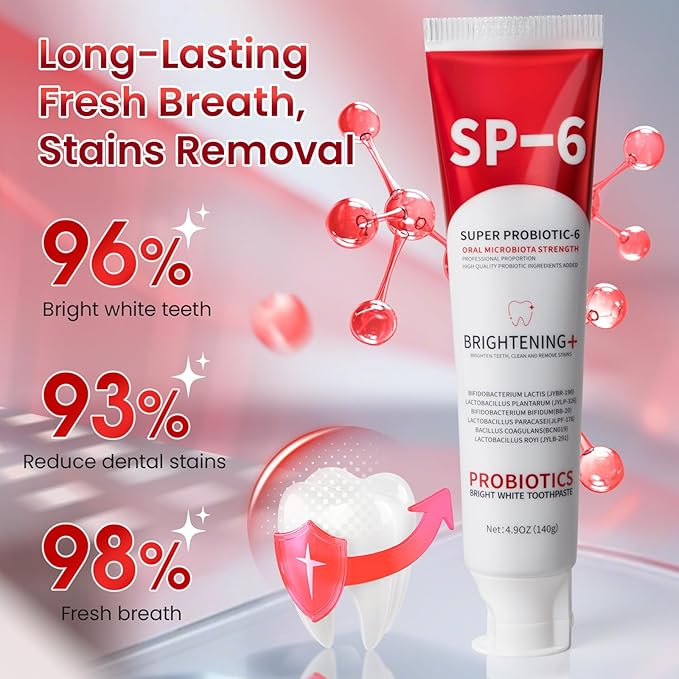 SP-6 Probiotic Whitening Toothpaste, SP-6 Probiotic Toothpaste, Enhanced Formula with 6 Probiotics for Teeth Whitening/Brightening, Enamel-Safe, Fluoride-Free, Fresh Mint Flavor, 4.9oz (1)