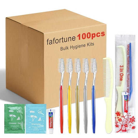 Bulk Hygiene Kits for Homeless,Disposable Toothbrushes with Toothpaste and Comb for Homeless Individually Wrapped，Basic Toiletry Kits Travel Size Shampoo And Body Wash For Hotel,Air Bnb Charity(100)