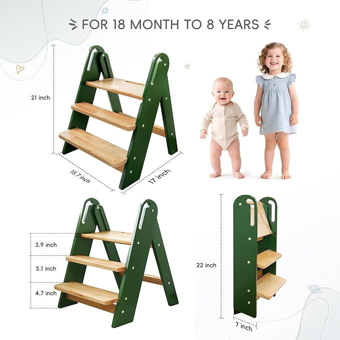 Step Stool for Toddler, 3-Step Kids Step Stool for Bathroom Sink, Foldable Toilet Potty Training Stool with Handles, Child Kitchen Counter Stool Helper Wooden Ladder for Toddlers (Green)