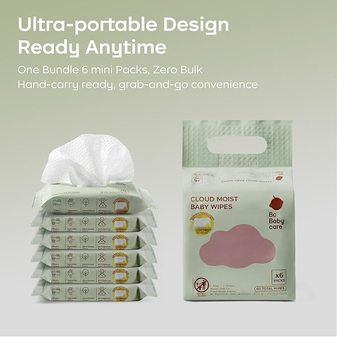 Bc Babycare Cloud Moist Baby Travel Wipes, 6 Pack, On The Go Pocket Size, Ultra Thick, 99% Water, Unscented, Hypoallergenic for Sensitive Skin, Biodegradable