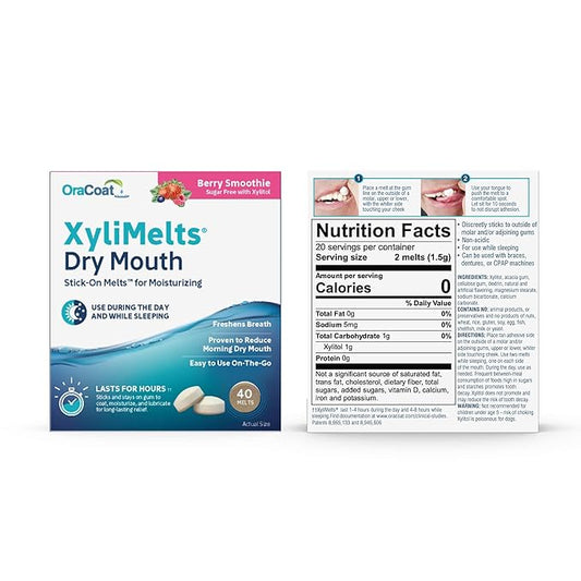Oracoat XyliMelts for Dry Mouth Night Time or Day - Moisturizing Dry Mouth Adhering Discs, Sugar Free with Xylitol, 40 Count, Berry Smoothie Flavor, 8-Hour Relief