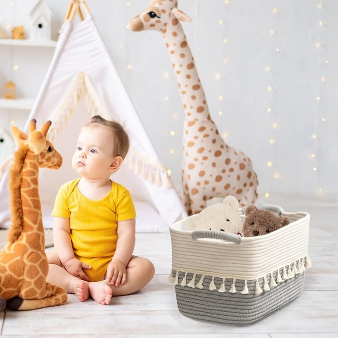 TeoKJ Storage Basket 3 Pack for Organizing, Cotton Rope Baskets for Toy, Clothes, Blankets, Decorative Basket for Living Room, Nursery, Bathroom, White & Gray