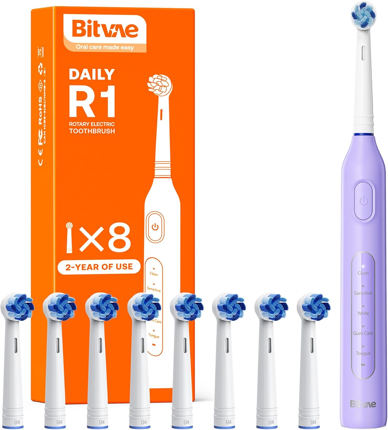 Bitvae R1 Rotating Electric Toothbrush with 8 Brush Heads for Adults and Kids, 60-Day Battery Life, 5 Modes Rechargeable Power Toothbrush with 2-Minute Smart Timer, Purple