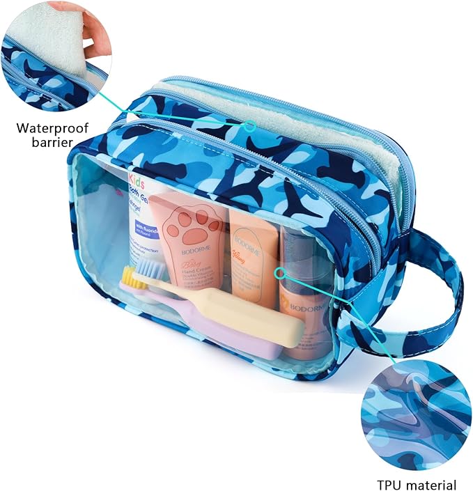 Shark Kids Toiletry Bag for Boys, Travel Clear Toiletry Bag for Little Young Boys Waterproof Hanging Wash Bag Toddler Traveling Toiletries, Blue