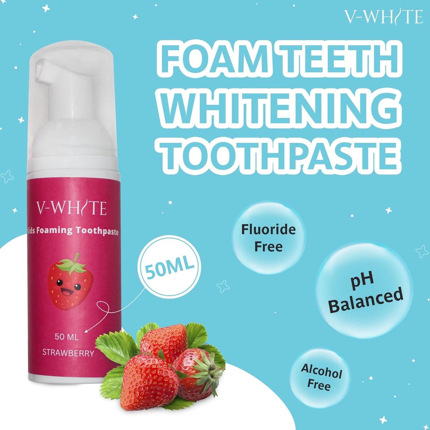 V-White Foam Teeth Whitening Toothpaste - Organic Toothpaste Fluoride Free, Alcohol Free, pH Balanced - Deep Cleansing, Stain Removal, Travel Friendly, for Kids & Adults (Large, Strawberry)