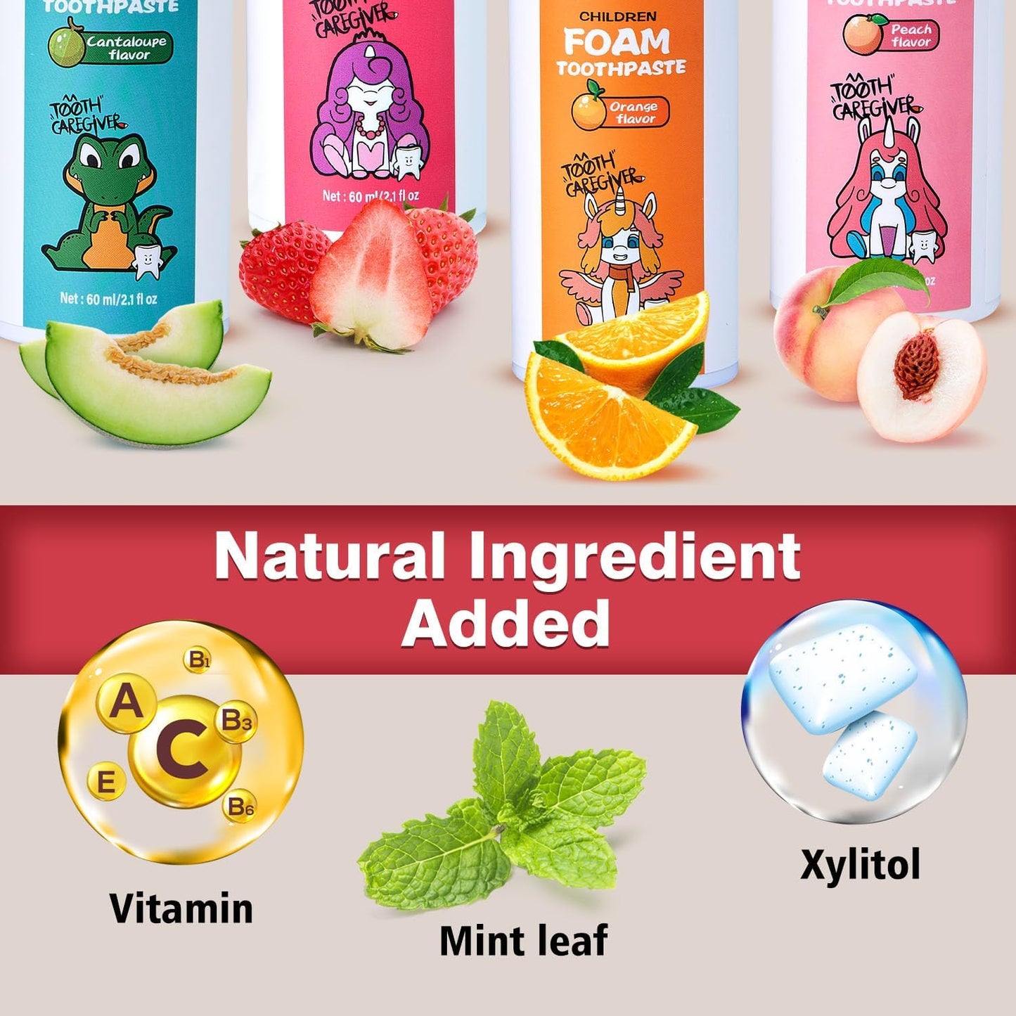 NOHOO Fluoride Free Foam Toothpaste Kids Fruit Flavour,Natural Training Toothpaste for Baby Toddler Children Oral Cleaning and Cavity Protection(Strawberry + Orange)