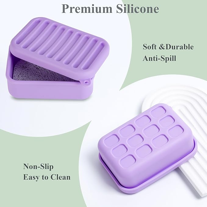 2PC Portable Leakproof Travel Soap Case, Silicone Travel Soap Case, Compact Soap Holder with Drainage Layer, Travel Soap Holder for Camping, Gym, Outdoor (Light-Purple&Rice-White)