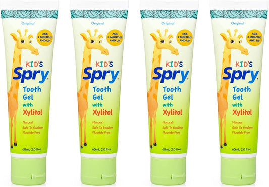 Spry Natural Xylitol Toothpaste for Baby, Toddler and Kids Age 3 Months and Up - Fluoride Free Tooth Gel, Tasty, Support Development of Emerging Teeth, Original 2 Fl Oz (Pack of 4)