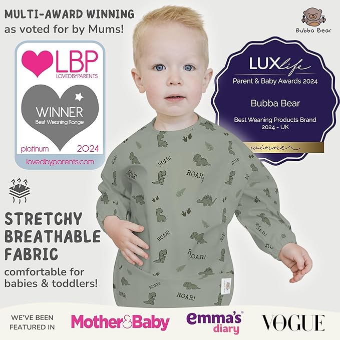 Bubba Bear Baby Bib with Sleeves, Long Sleeve Toddler Feeding Apron Bibs for Eating & Lead Weaning, Mess Proof Full Sleeved