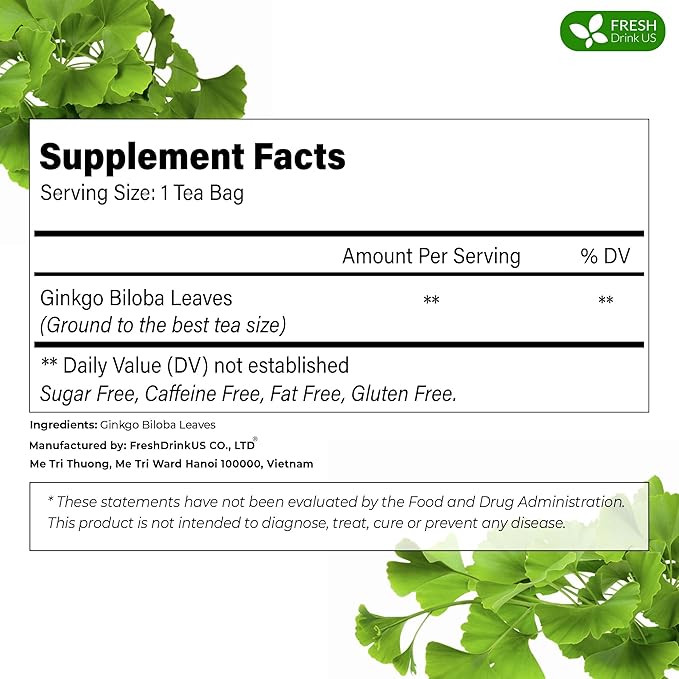 FreshDrinkUS, Premium 55 Ginkgo Biloba Leaf Tea Bags, 100% Natural & Pure from Ginkgo Biloba Leaves. Loose Leaf Herbal Tea. Made with Eco-Conscious Tea Bags. No Sugar, No Caffeine, No Gluten, Vegan.