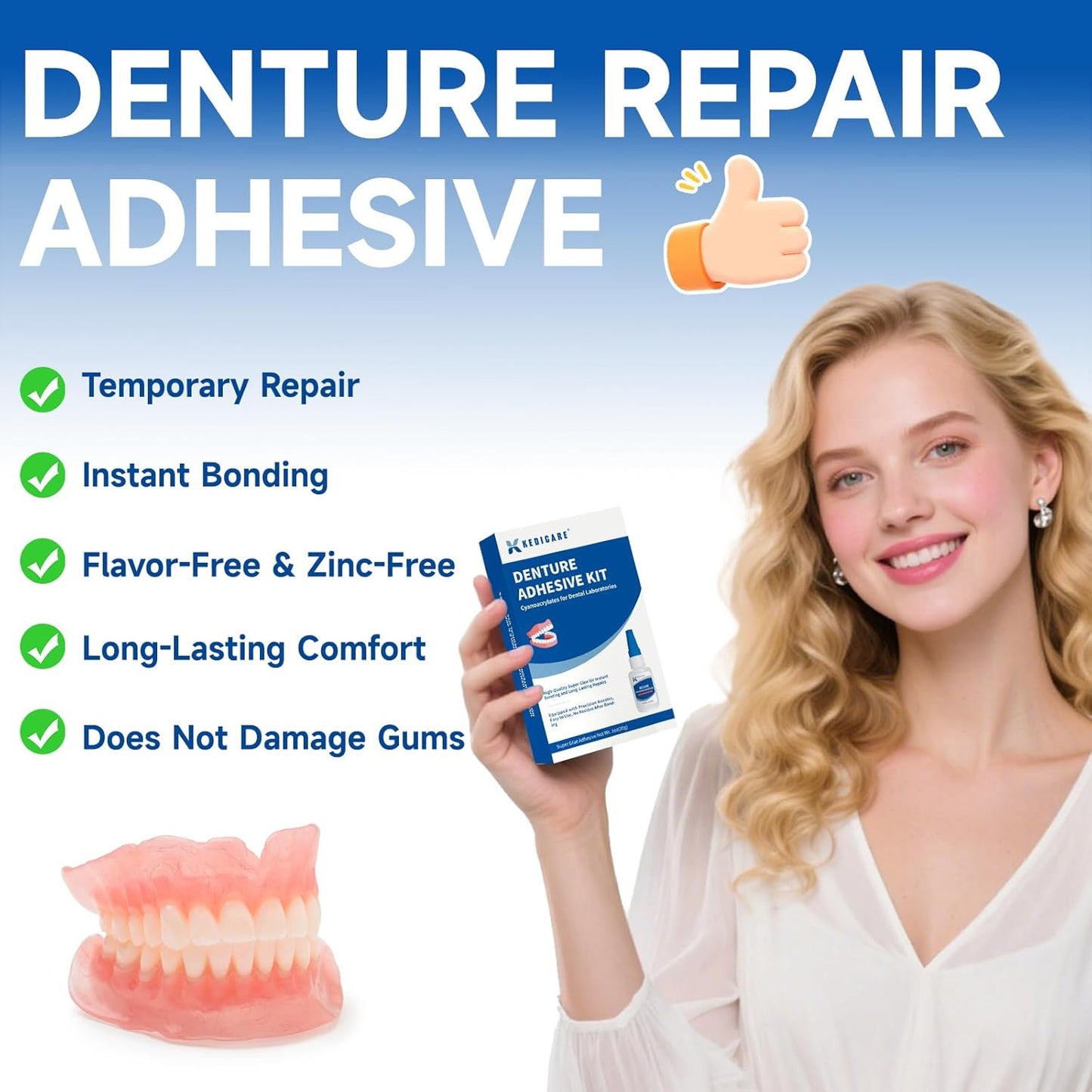 Dental Lab Denture Repair Glue Kit (1oz), Instant Bonding Denture Adhesive, Repair Cracks and Secure Loose Teeth, Safe Bonding No Irritating Odour