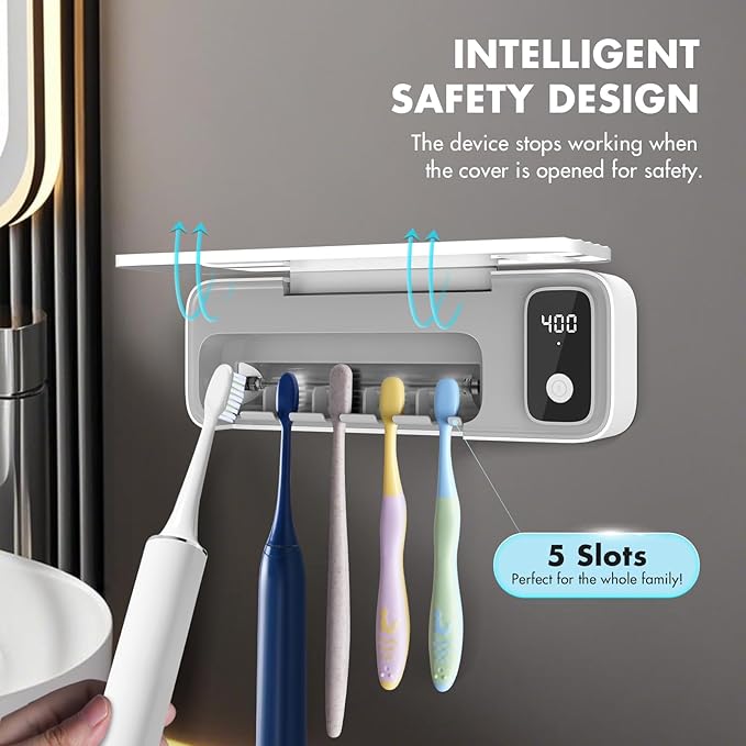 Sanitizeri Toothbrush Cleaner with 5 Slots, Smart Sanitizeri Toothbrush Holder Organizer, Cordless No Drilling Wall Mounted Rechargeable Holders for Bathroom Family, 200/400s Timer Function