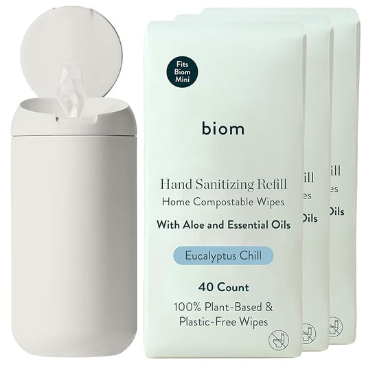 Biom Mini Dispenser + Hand Sanitizing Wipes Starter Kit - Eucalyptus Scented, Biodegradable, Kid-Safe | Fits in Cup Holder | All Natural, Plant-Based Non-Toxic Wipes with Aloe for Soft Skin (Bone)