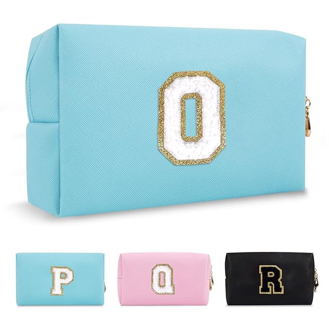 Small Personalized Initial A-Z Preppy Patch Makeup Bag,PU Chenille Letter Travel Cosmetic Pouch with Zipper,Blue Cute Toiletry Bag,Gift Ideal for Teen Girls Women Teacher Bridesmaid,Letter O