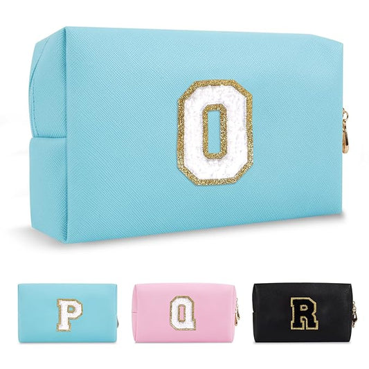 Small Personalized Initial A-Z Preppy Patch Makeup Bag,PU Chenille Letter Travel Cosmetic Pouch with Zipper,Blue Cute Toiletry Bag,Gift Ideal for Teen Girls Women Teacher Bridesmaid,Letter O