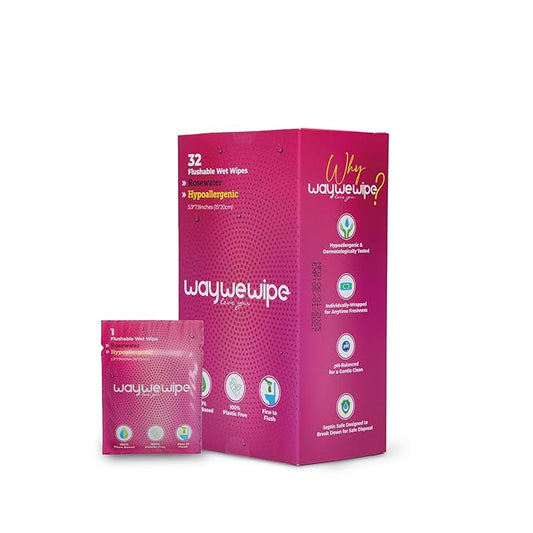 On-The-Go Flushable Feminine Wet Wipes, 32 Count XL Individually Wrapped Female Wipes, Hypoallergenic 100% Plant Based Septic Safe, Travel Size Adult Cleansing Cloth for Women, Rosewater