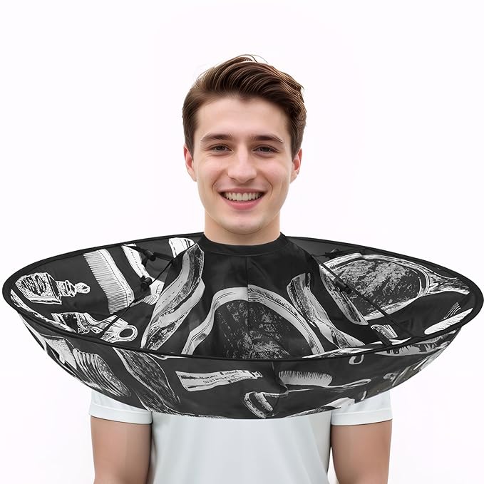 FEBSNOW Hair Cutting Cloak Cape, Black Prints Adjustable Haircut Cape Foldable Umbrella for Adults Kids Home Salon Barber Supplies