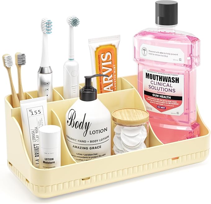 Bathroom Counter Organizer and Storage, 7 Slots Detachable Toothbrush Holders for Bathrooms, Anti-Slip Electric Toothbrush and Toothpaste Holder Countertop Vanity Organizer Accessories for Adults Kids