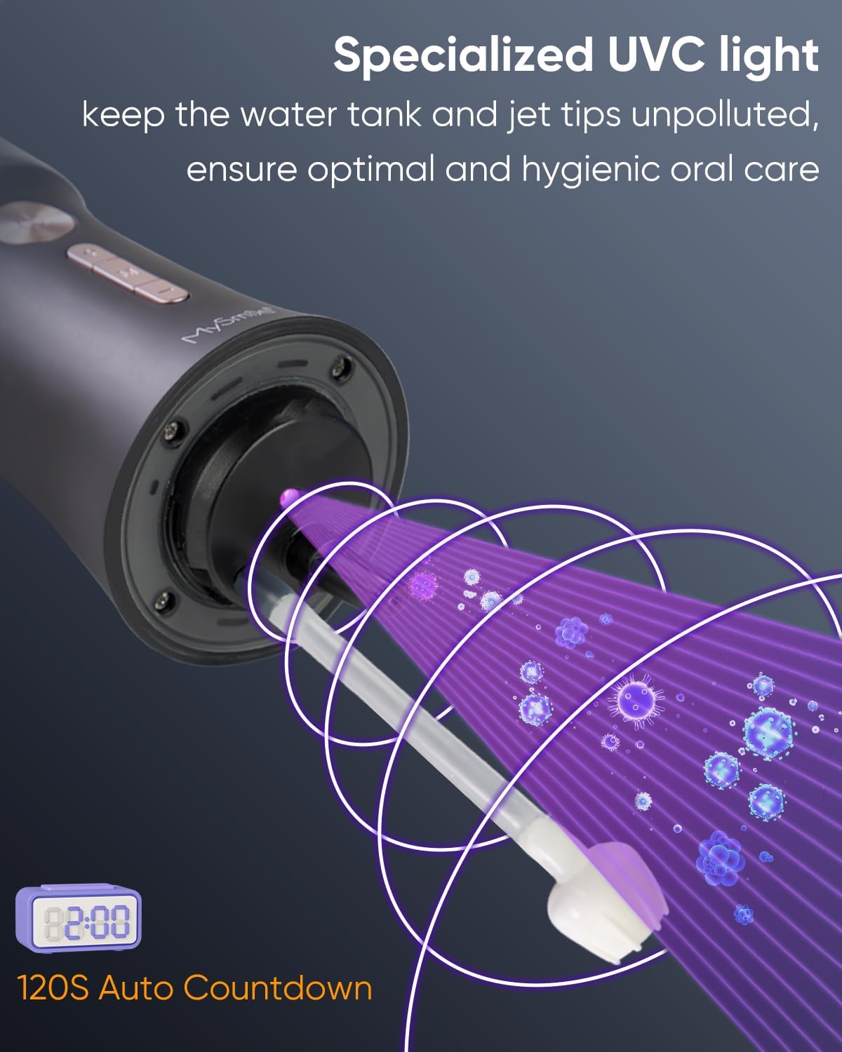 MySmile LP221 UVC Sterilizable Cordless Water Flossers for Teeth 335ML Portable OLED Display Dental Flosser with 4 Modes 8 Jet Tips and a Storage Pouch for Home and Travel (Midnight Black)