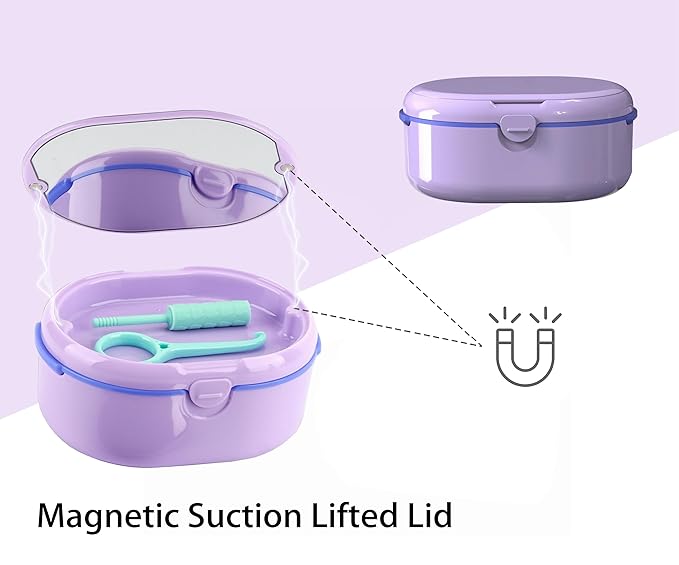 MURRI&MURRDI Retainer Case, Denture Bath Box with Strainer Basket, Mouth Guard Case Purple Braces Cleaner Cup, Cute Denture Holder Retainer Storage Soak Container for Travel (D Purple)
