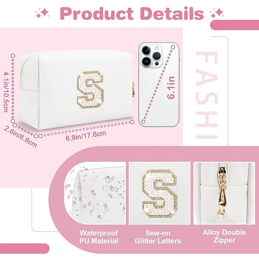 Small Initial Patch Makeup Bag Personalized Gifts Make Up Bag,White Cute PU Leather Glitter Letter Cosmetic Bag with Zipper,Trendy Portable Travel Toiletry Pouch,Preppy Stuff for Teen Girls Women S