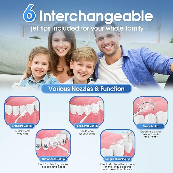 Water Flosser, Rechargeable 300ML IPX7 Waterproof Cordless Portable Oral Irrigator with 4 Modes & 6 Replaceable Jet Tips-Professional Flossing Cleaner for Daily Home Use,Travel,Gums,Braces Care(White)