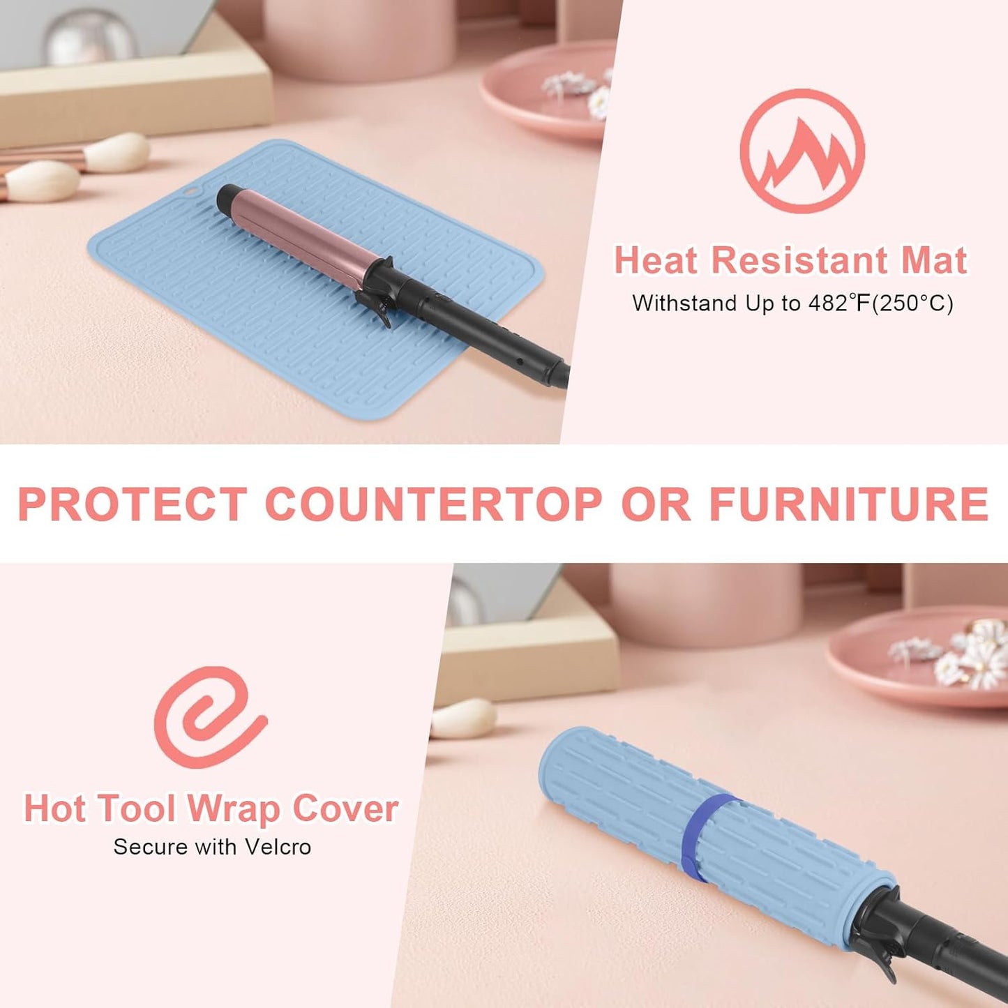 AMIJEAL Oversize Silicone Heat Resistant Mat for Hair Tools, Curling Iron Mat, Hot Tools Holder, Portable Flat Iron Hair Straightener Pad Cover for Travel Vanity Salon(14.2" x 11.0")