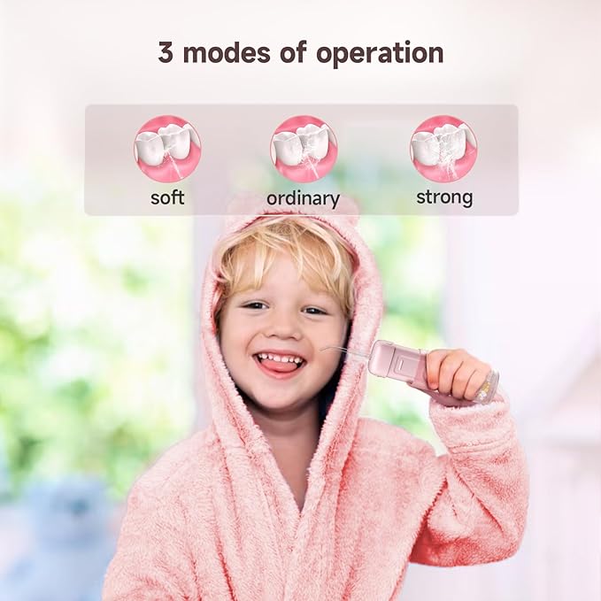 Kids Water Flosser,3 Modes Cordless Portable Water Teeth Cleaner,4 Replaceable Nozzles,IPX7 Waterproof Oral Irrigator Rechargeable,Professional Flossing Cleaning Picks for Home Travel (Pink)