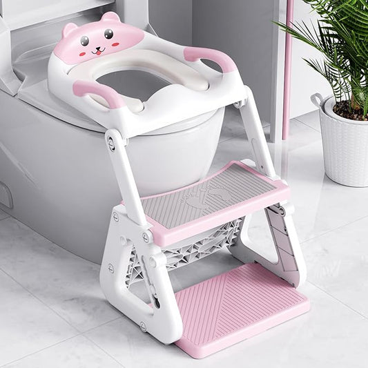 Orzbow Potty Training Seat, 2-IN-1 Toddler Potty Training Toilet with Step Stool, Stability Toilet Seat for Boys Girls with Splash Guard and Anti-Slip Pad, Adjustable Ladder & Potty Seat Height, Pink