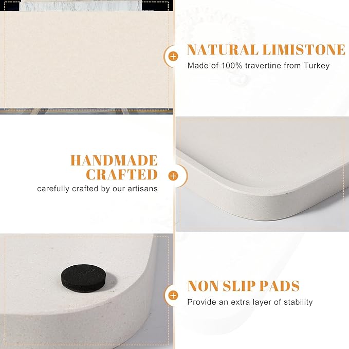 Koville Marble Tray, 12"x8" Marble Vanity Tray for Bathroom Kitchen Countertop, Rectangular Stone Tray for Cosmetics Perfume Trinket, Decorative Catchall Trays (Lymra Limestone)