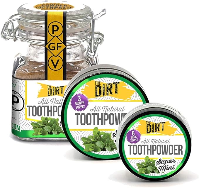 The Dirt - Remineralizing Tooth Powder, Natural Fluoride-Free Teeth Whitening Powder with Hydroxyapatite, Flouride & Gluten Free, Organic Vegan (Super Mint, 25g: 3 Month Supply)