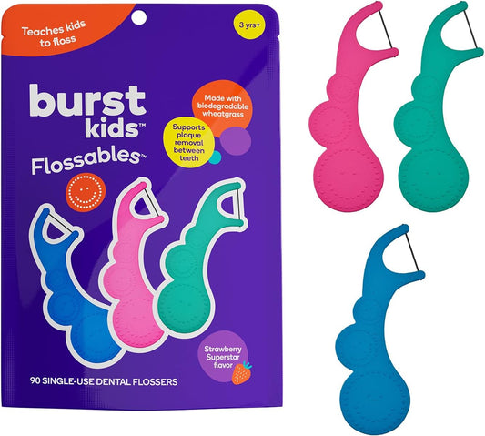 BURST Kids Flossers (90 Count/1 Pack) | Strawberry Aroma | Toddler Dental Flossable Picks with Ergonomic Design | No-Slip Grip | Smiley Face and Fun Colors