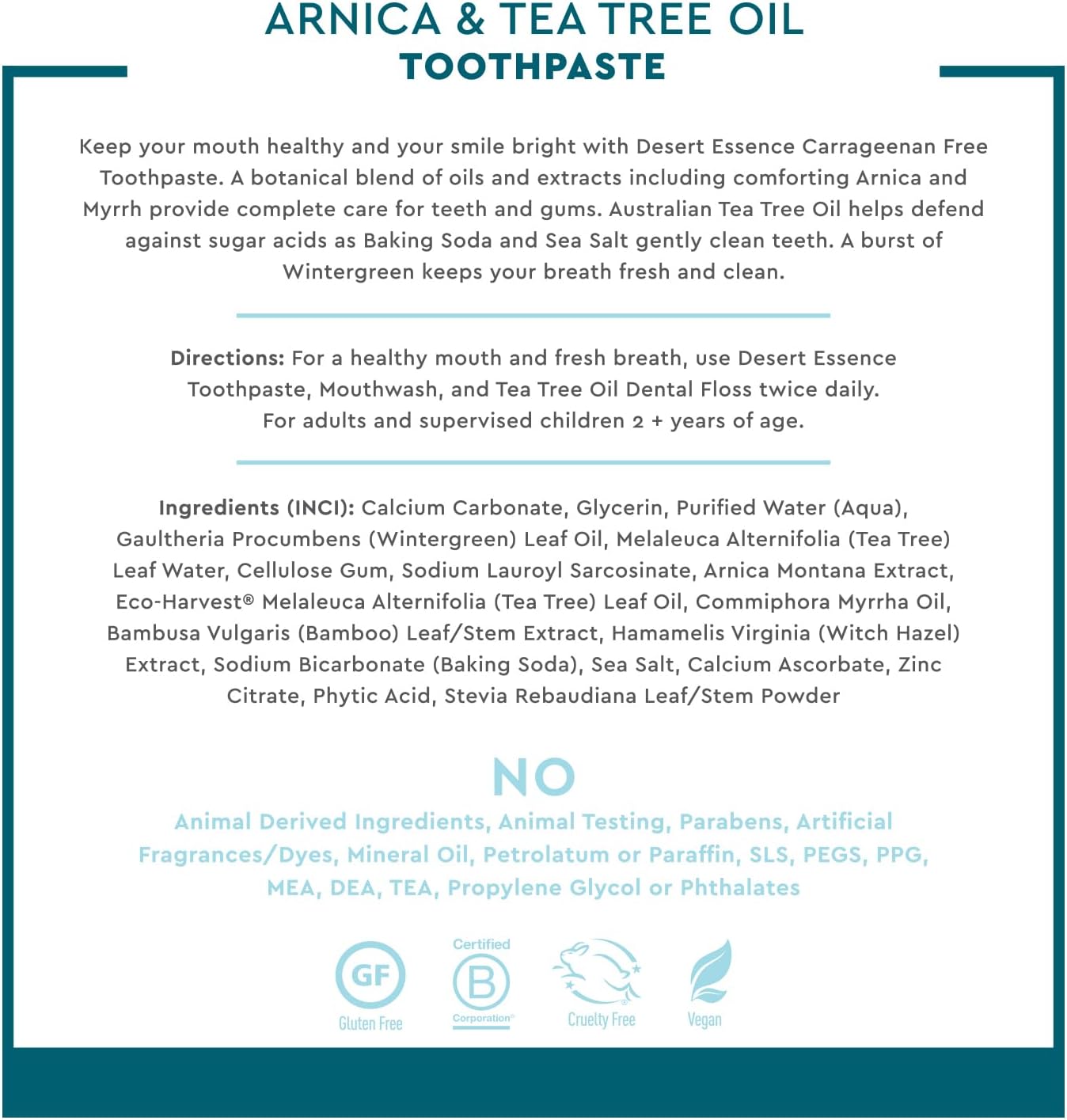 Desert Essence Arnica & Tea Tree Oil Toothpaste – Carrageenan & Fluoride Free – Wintergreen Mint – Vegan, Non-GMO, Gluten-Free – Gently Removes Plaque & Freshens Breath – 6.5 oz