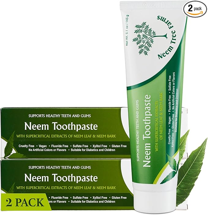 Neem Fluoride Free Toothpaste - Adult and Children Friendly - 100% Vegan Natural Toothpaste, Gluten Free, No Artificial Ingredients - Supports Daily Gum Care - with Clove & Stevia (2 Pack)