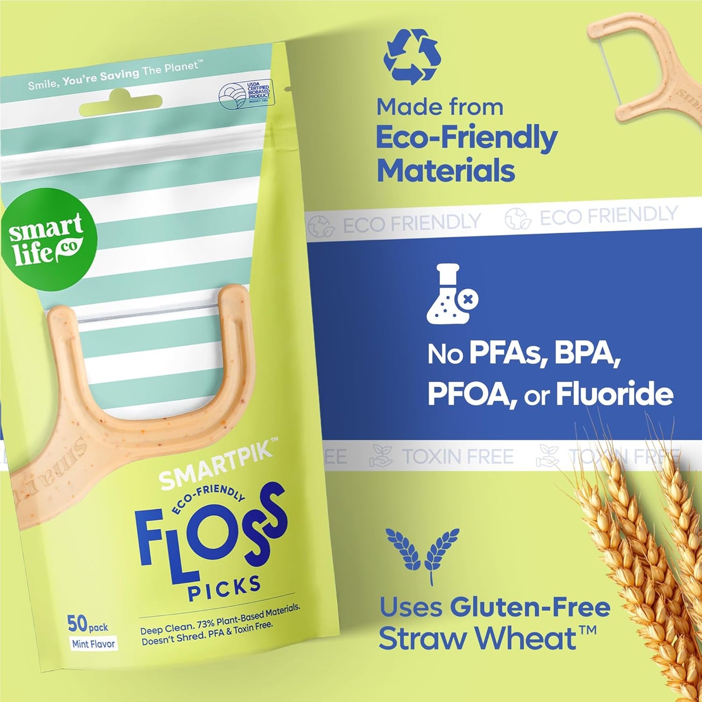 SmartLifeco Eco-Friendly Dental Floss Picks (100ct) - Flossers Made with Straw Wheat Blend, Superior Anti-Shred Thread for Tight Gaps, Tooth Pick Stick for Adults, Soft on Gum & Teeth, Vegan, Mint